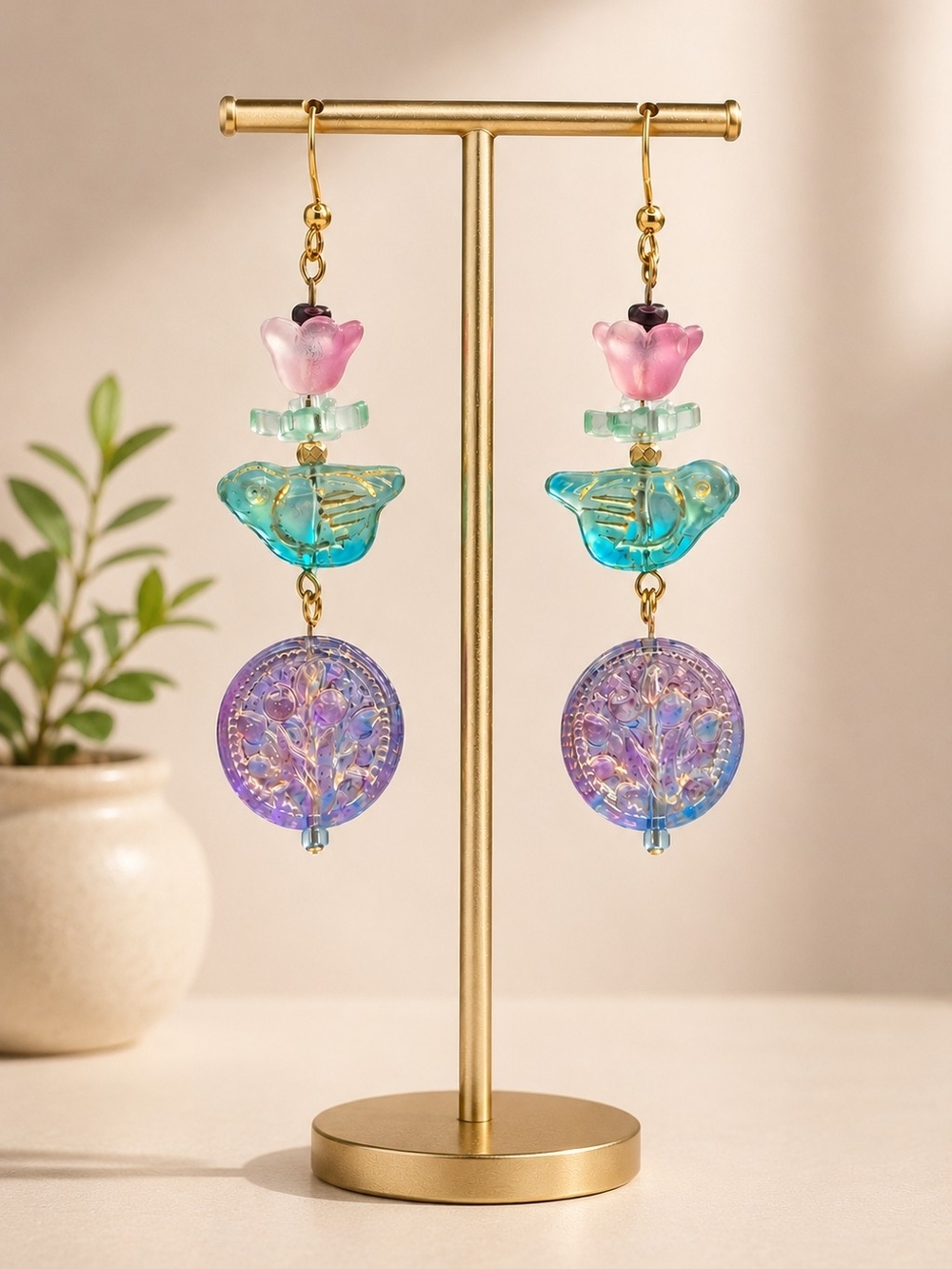 Nature Inspired Czech Glass Bird & Floral Drop Dangle Earrings Jewelry Colorful